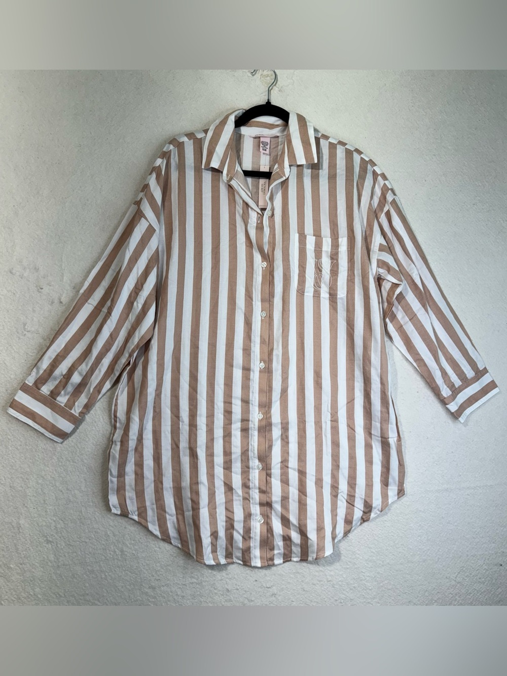 Victoria's Secret Tan & White Vertical Stripe Button-Down Night Sleep Shirt NWT